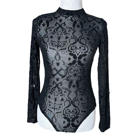 Forever 21 Black Goth Punk Floral Mesh Long Sleeved Bodysuit Shirt Top - Picture 1 of 6